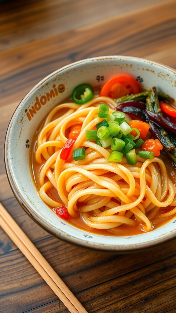 A bowl of Indomie noodles with vegetables and green onions on a wooden table.